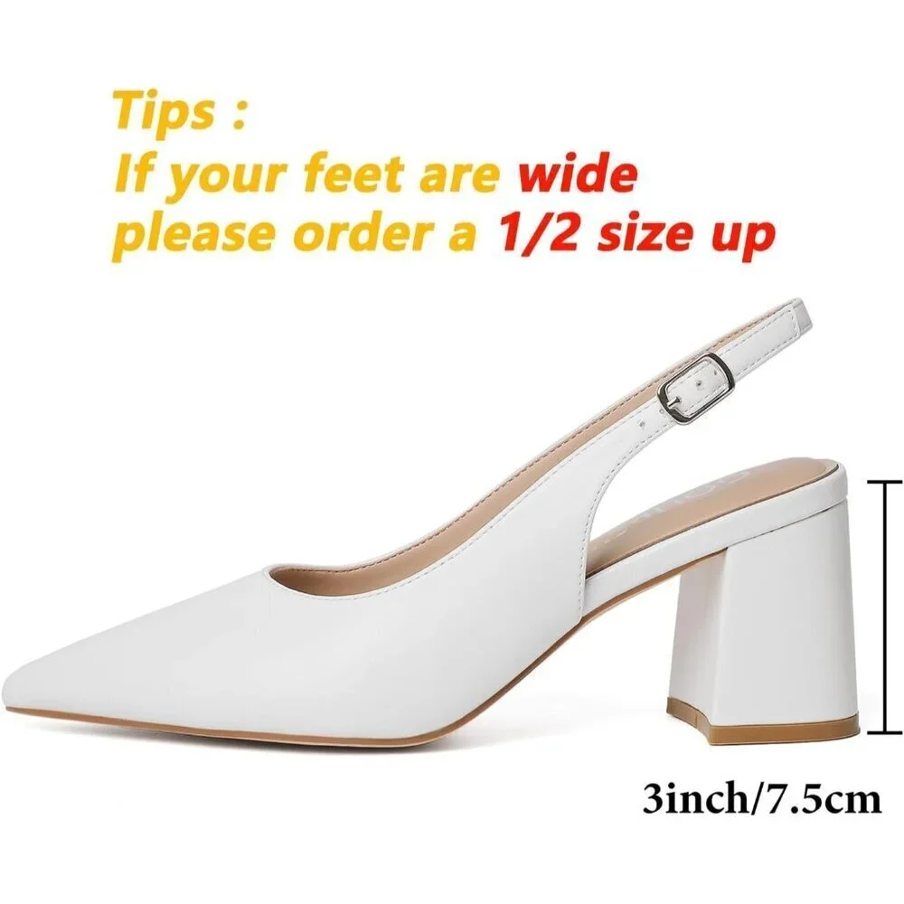 Women's White Pointed Closed Toe Slingback Chunky Heels Office Work Pump Shoes